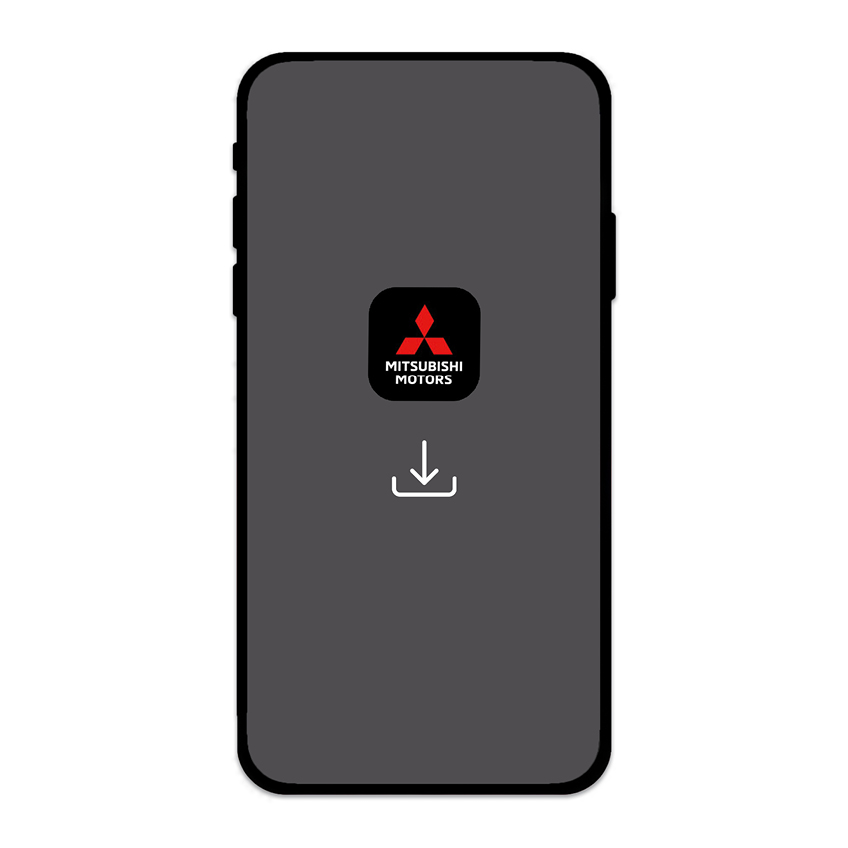 Illustration eines Smartphones mit grauem Bildschirm, auf dem das Icon der MITSUBISHI MOTORS App und darunter ein wei&szlig;es Download-Symbol angezeigt werden.
