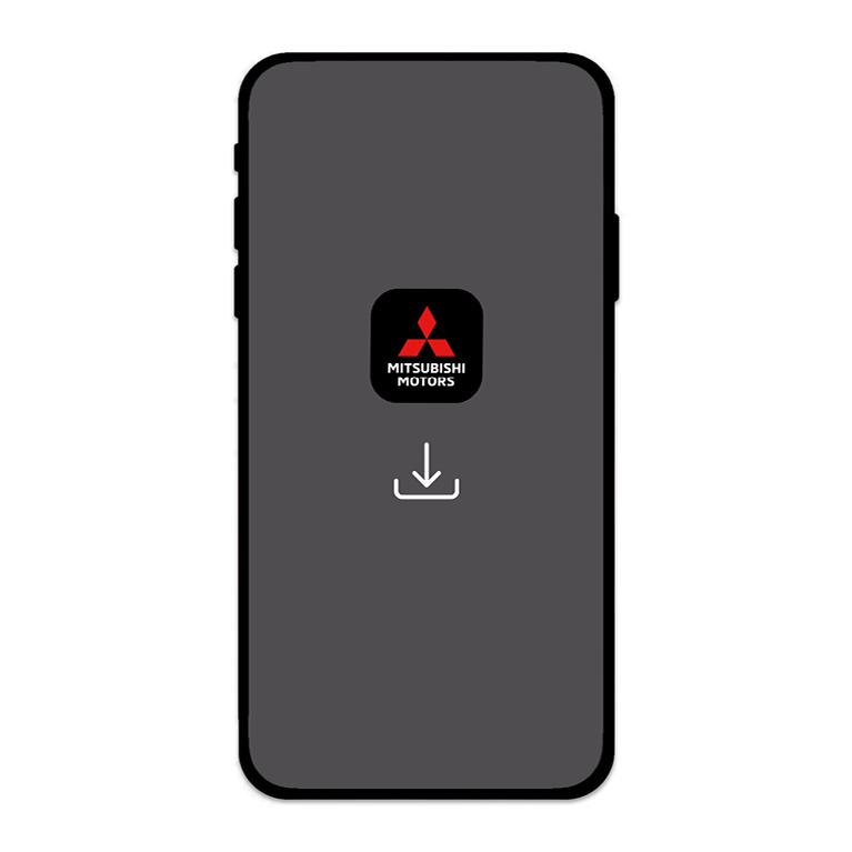 Illustration eines Smartphones mit grauem Bildschirm, auf dem das Icon der MITSUBISHI MOTORS App und darunter ein wei&szlig;es Download-Symbol angezeigt werden.