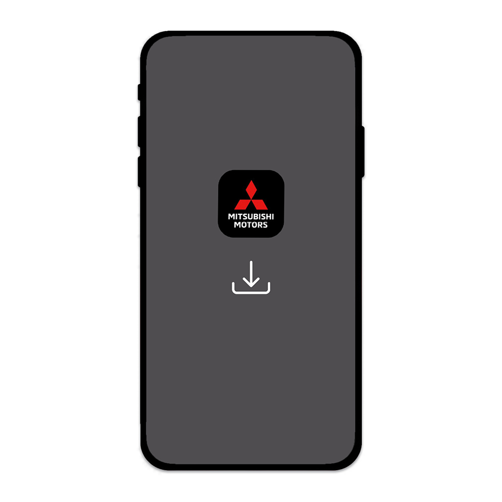 Illustration eines Smartphones mit grauem Bildschirm, auf dem das Icon der MITSUBISHI MOTORS App und darunter ein wei&szlig;es Download-Symbol angezeigt werden.