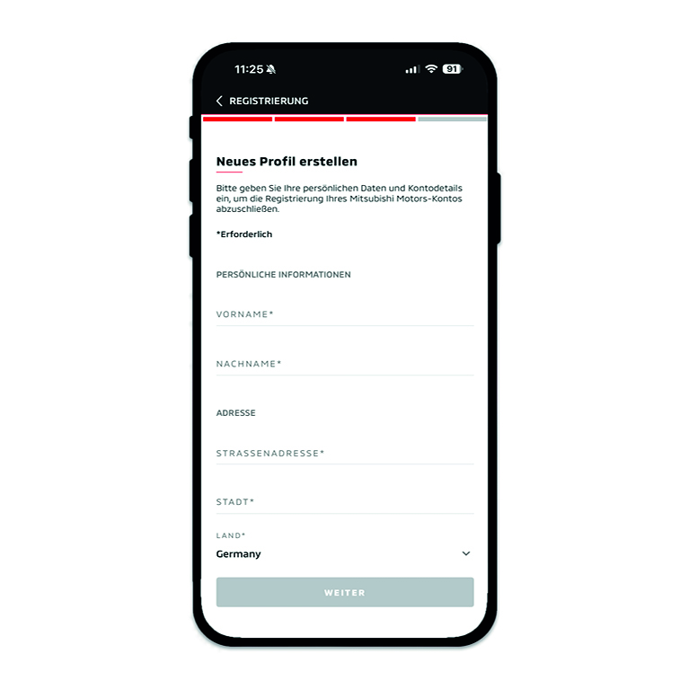 Darstellung eines Smartphones mit ge&ouml;ffnetem Registrierungsformular der MITSUBISHI MOTORS App. Zu sehen sind Eingabefelder f&uuml;r pers&ouml;nliche Daten wie Vorname, Nachname, Adresse, Stadt und Land sowie ein grauer &bdquo;Weiter&ldquo;-Button am unteren Bildschirmrand.