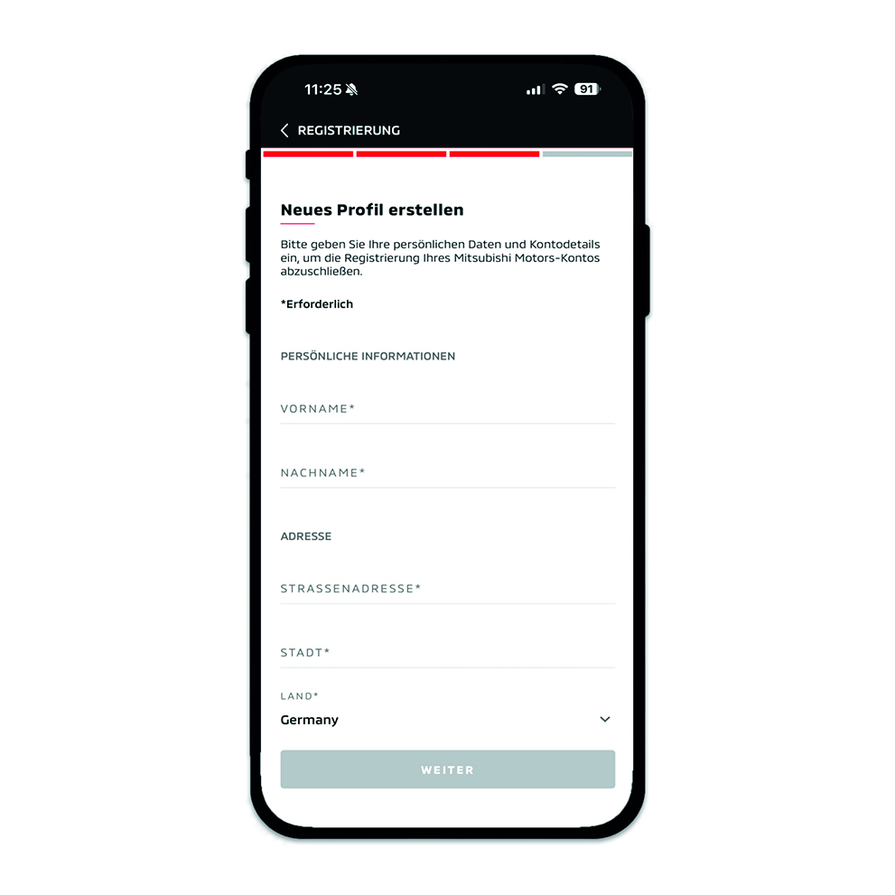 Darstellung eines Smartphones mit ge&ouml;ffnetem Registrierungsformular der MITSUBISHI MOTORS App. Zu sehen sind Eingabefelder f&uuml;r pers&ouml;nliche Daten wie Vorname, Nachname, Adresse, Stadt und Land sowie ein grauer &bdquo;Weiter&ldquo;-Button am unteren Bildschirmrand.