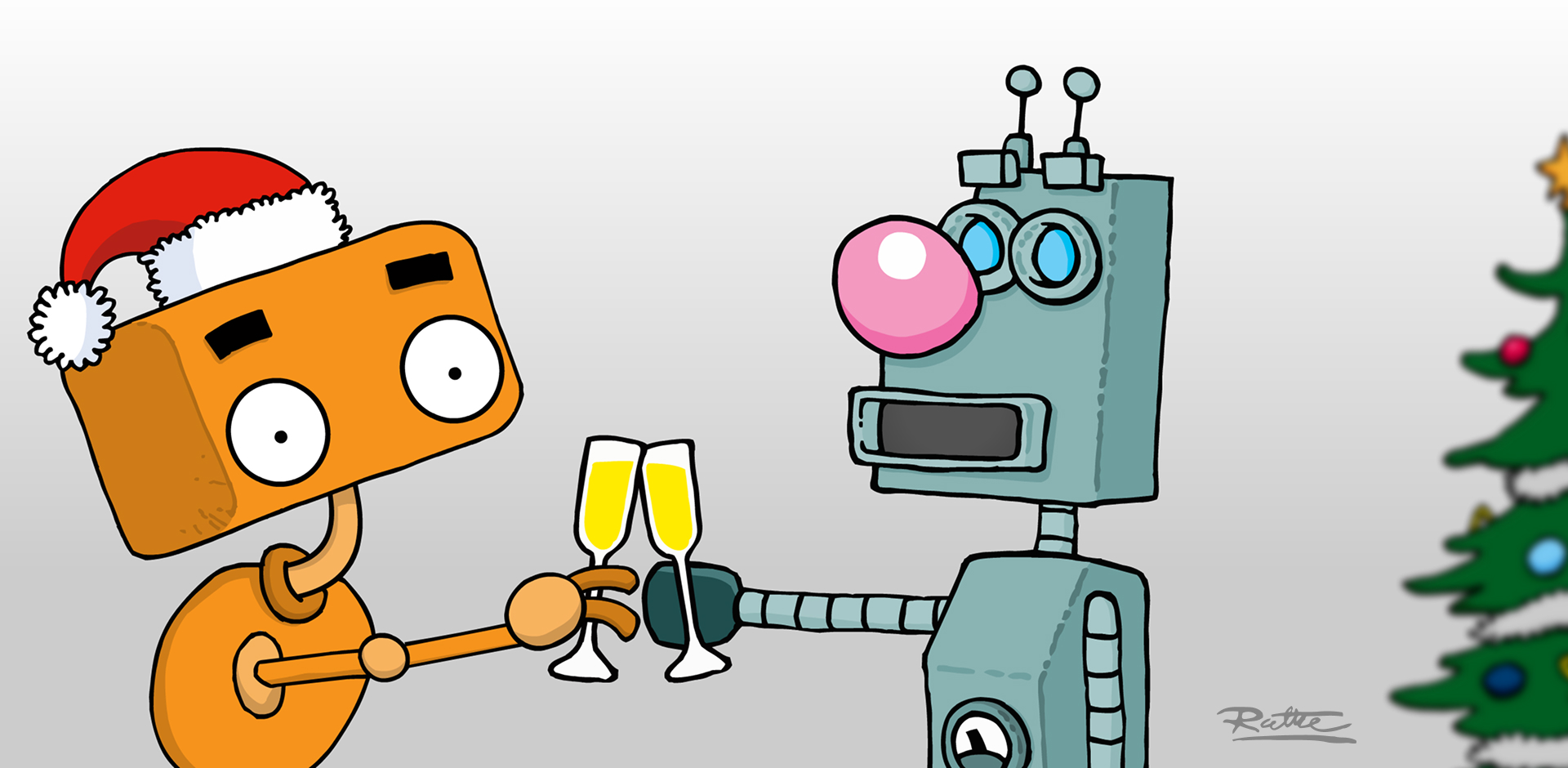Der Cartoon zeigt zwei Roboter, die mit einem Glas Sekt ansto&szlig;en mit einem Weihnachtsbaum im Hintergrund.