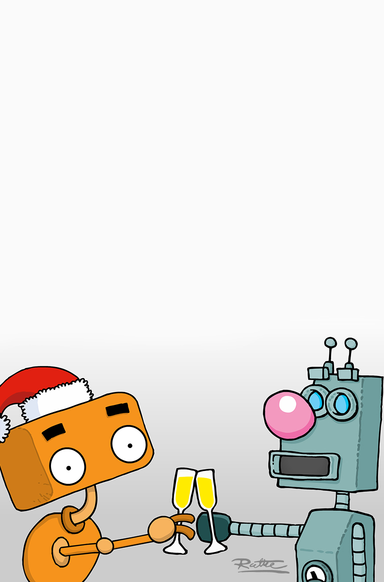 Der Cartoon zeigt zwei Roboter, die mit einem Glas Sekt ansto&szlig;en mit einem Weihnachtsbaum im Hintergrund.