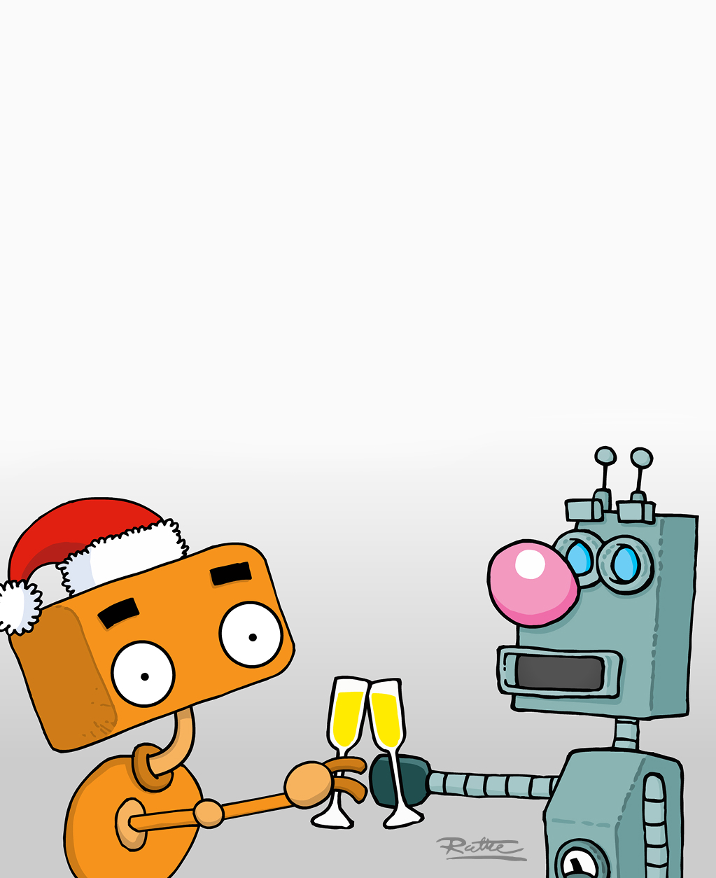 Der Cartoon zeigt zwei Roboter, die mit einem Glas Sekt ansto&szlig;en mit einem Weihnachtsbaum im Hintergrund.