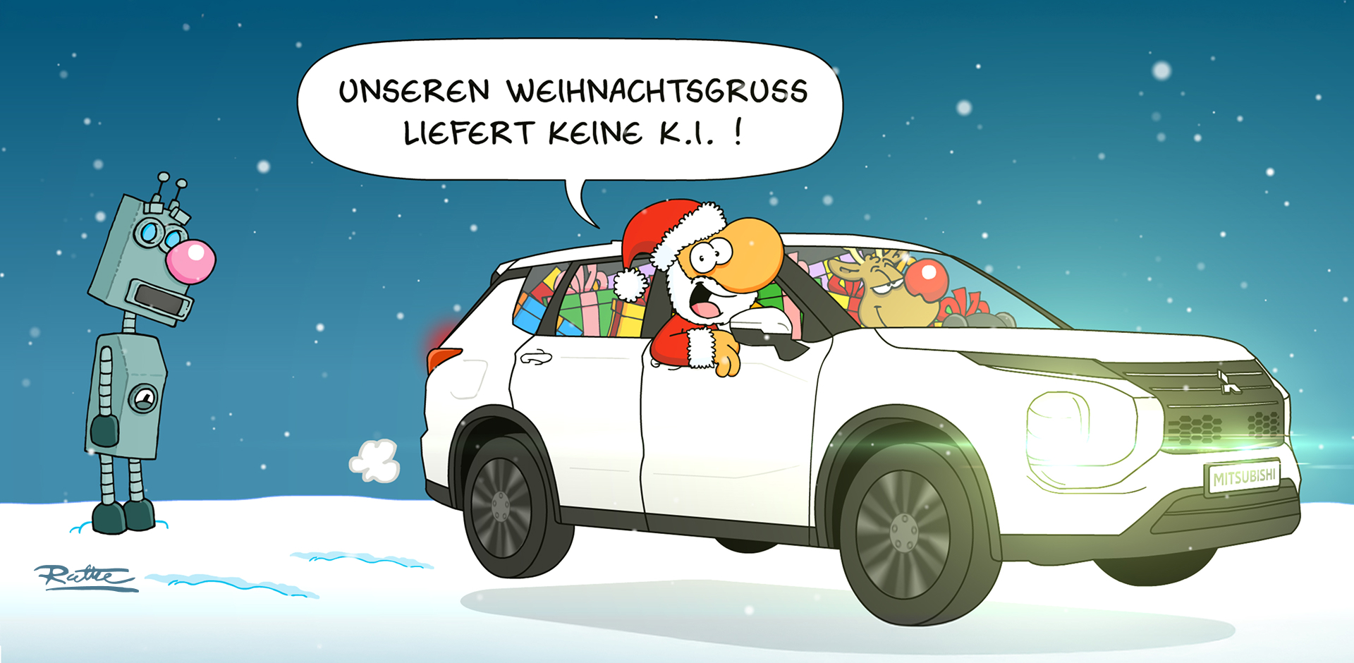 Der Cartoon zeigt den Weihnachtsmann, der in einer verschneiten Landschaft in einem Mitsubishi voller Geschenke vorf&auml;hrt.