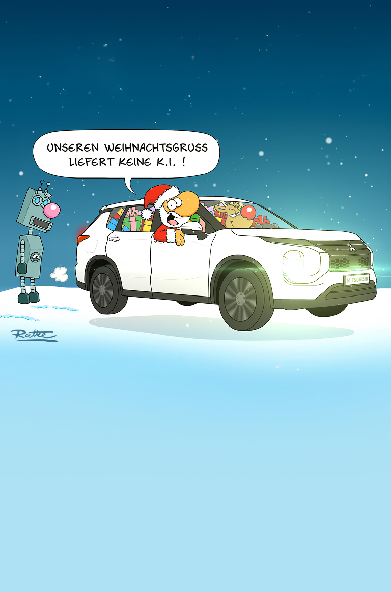 Der Cartoon zeigt den Weihnachtsmann, der in einer verschneiten Landschaft in einem Mitsubishi voller Geschenke vorf&auml;hrt.