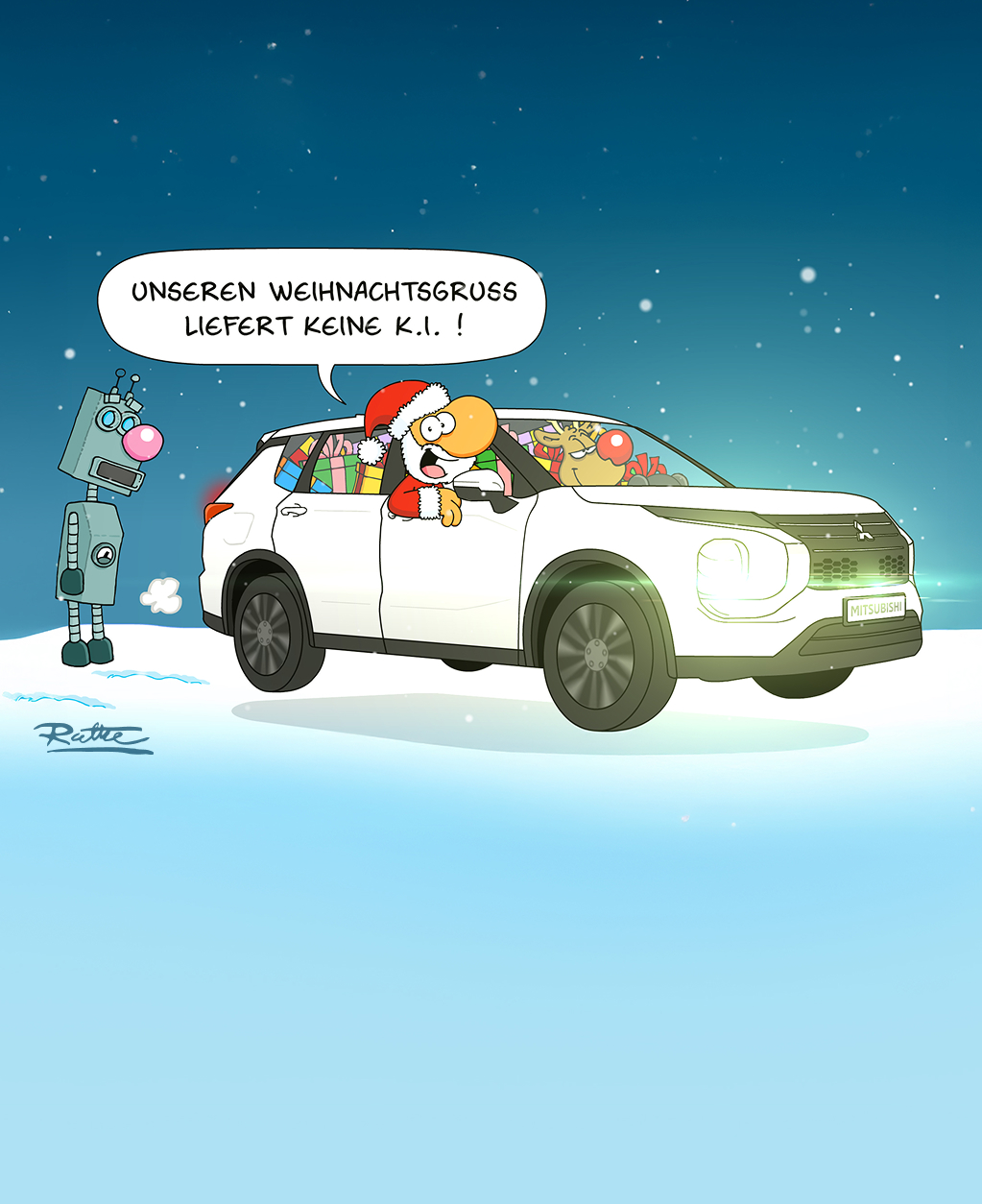 Der Cartoon zeigt den Weihnachtsmann, der in einer verschneiten Landschaft in einem Mitsubishi voller Geschenke vorf&auml;hrt.